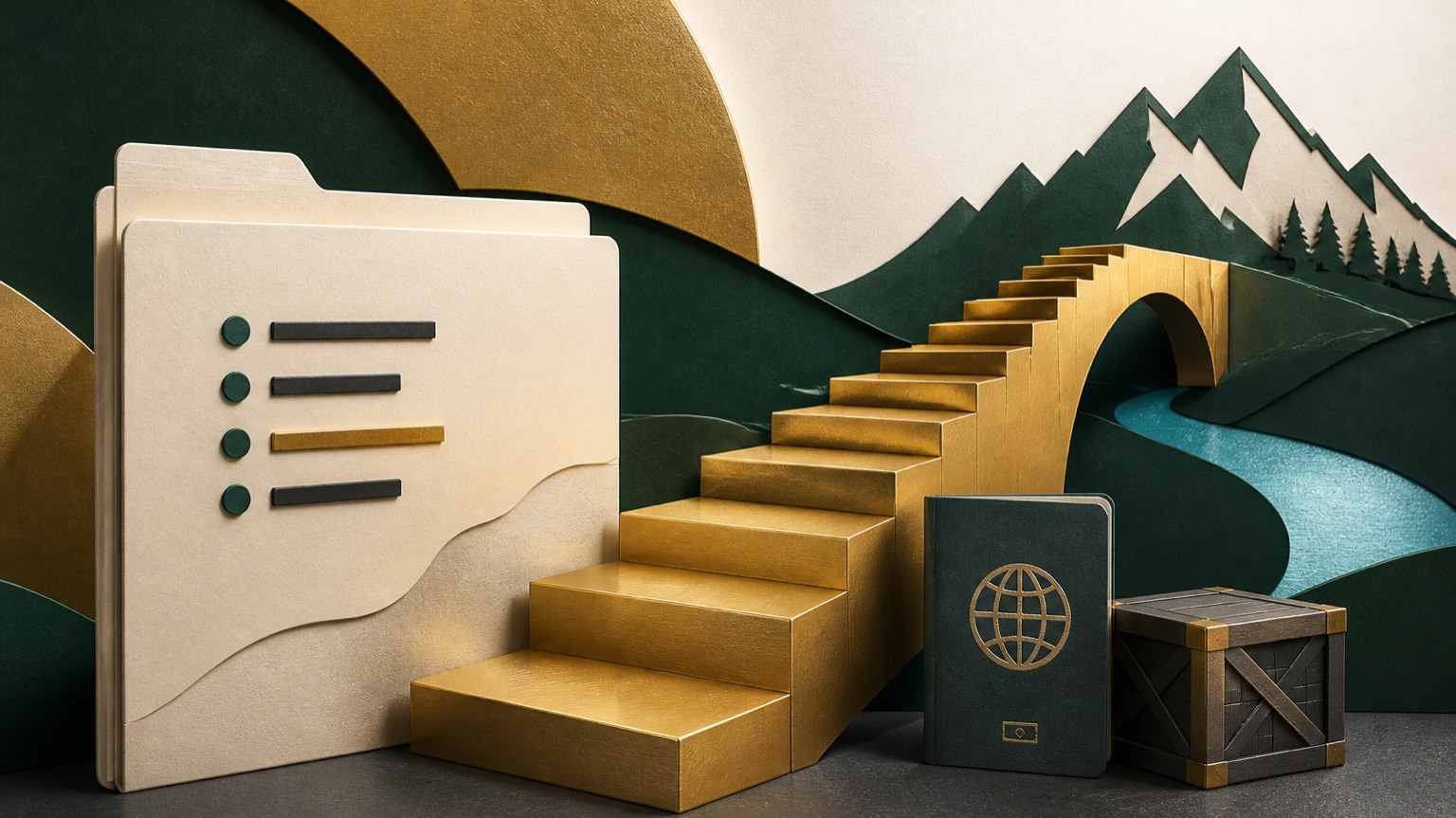 An application folder and gold steps rising toward Montana mountains.