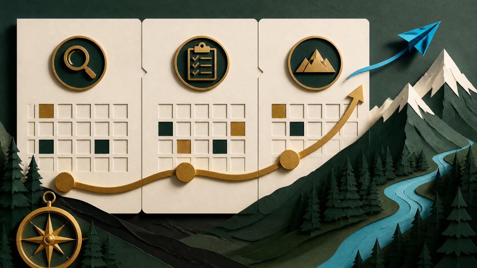Layered planning cards, a gold milestone route, and a mountain destination.