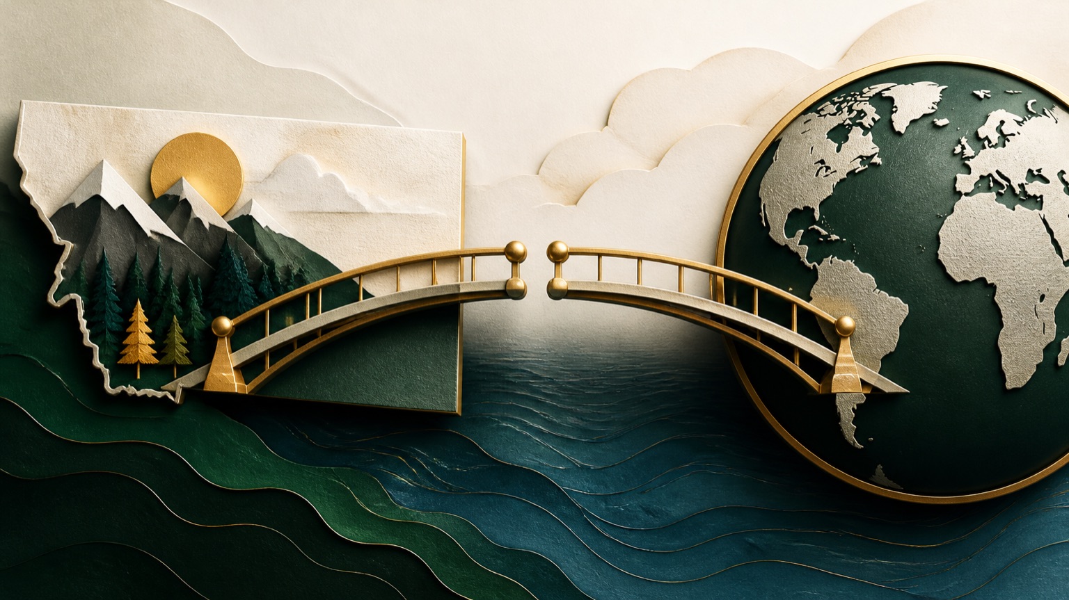 A bridge joining geometric destinations across an ocean with gold connection nodes.