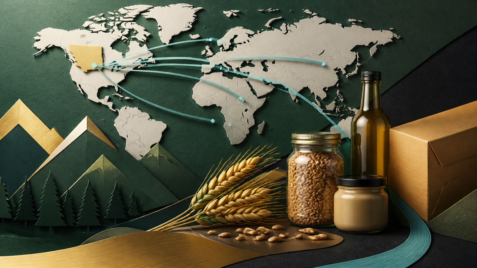 Montana grain, unbranded food and drink packaging, and a global shipping route.