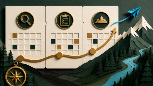 Layered planning cards, a gold milestone route, and a mountain destination.