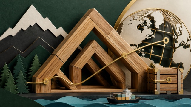 Architectural timber forms, a mountain silhouette, and an export-market route.