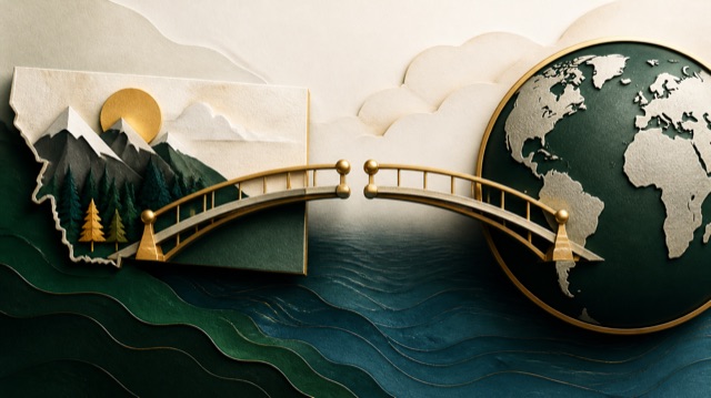 A bridge joining geometric destinations across an ocean with gold connection nodes.