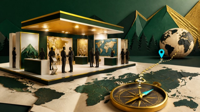 A miniature exhibition booth, buyer figures, and a mapped trade-show route.