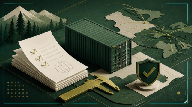 A shipping container, document stack, and abstract compliance and logistics symbols.