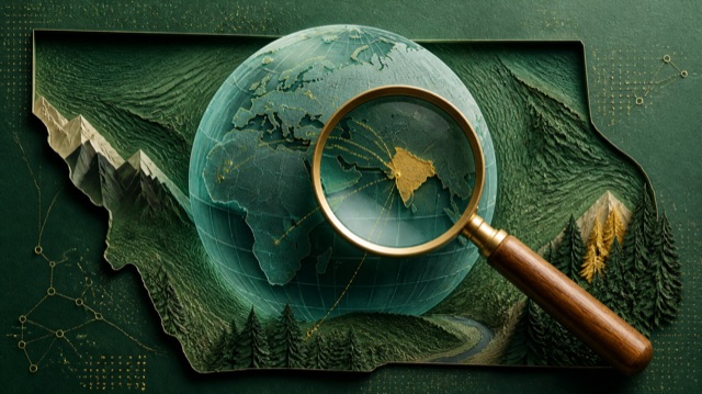 A globe and magnifying lens over a dimensional Montana research landscape.