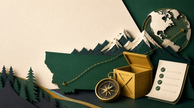 Paper-cut Montana mountains, an export crate, compass, checklist, and global route.