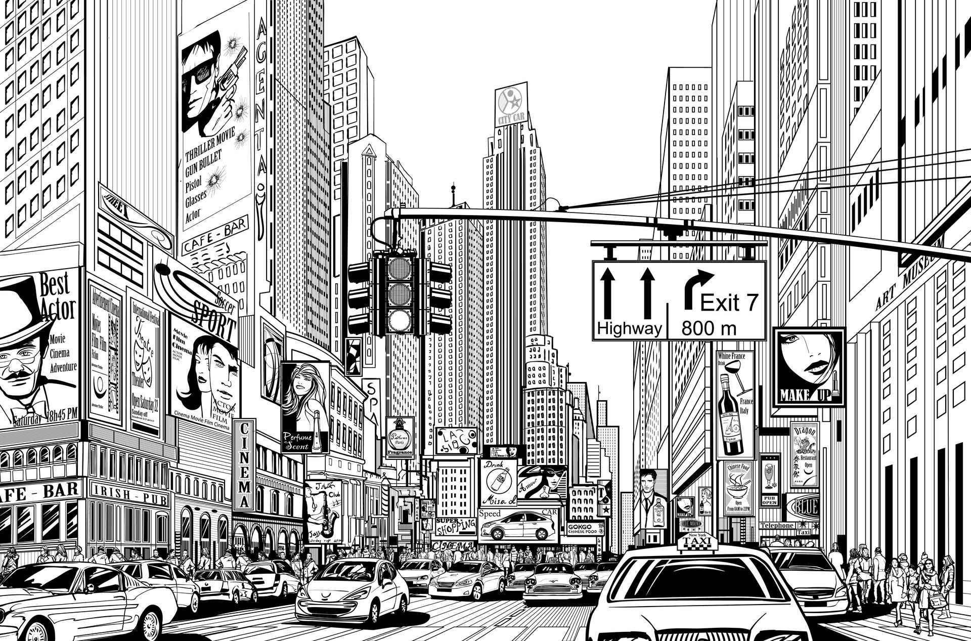 Black-and-white illustration of advertising signs along a city street.
