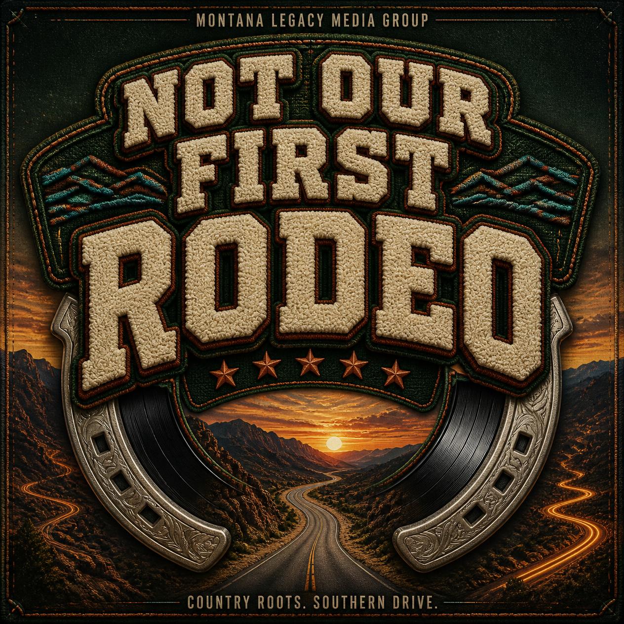 Not Our First Rodeo cover: cream embroidered lettering, a silver horseshoe and vinyl record above a desert road and Montana mountains.