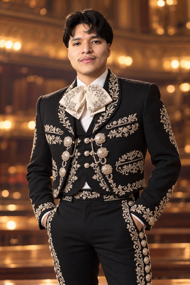 Alex Fuentes wearing a black mariachi suit with ornate cream embroidery in a warm theatrical setting