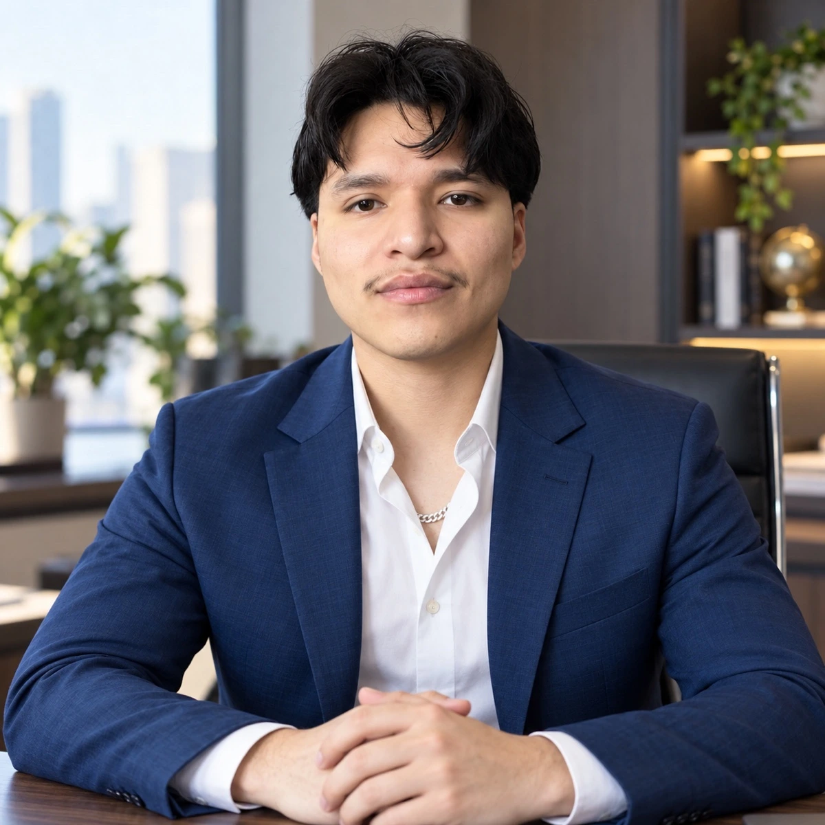 Professional portrait of Alex Fuentes in a blue suit